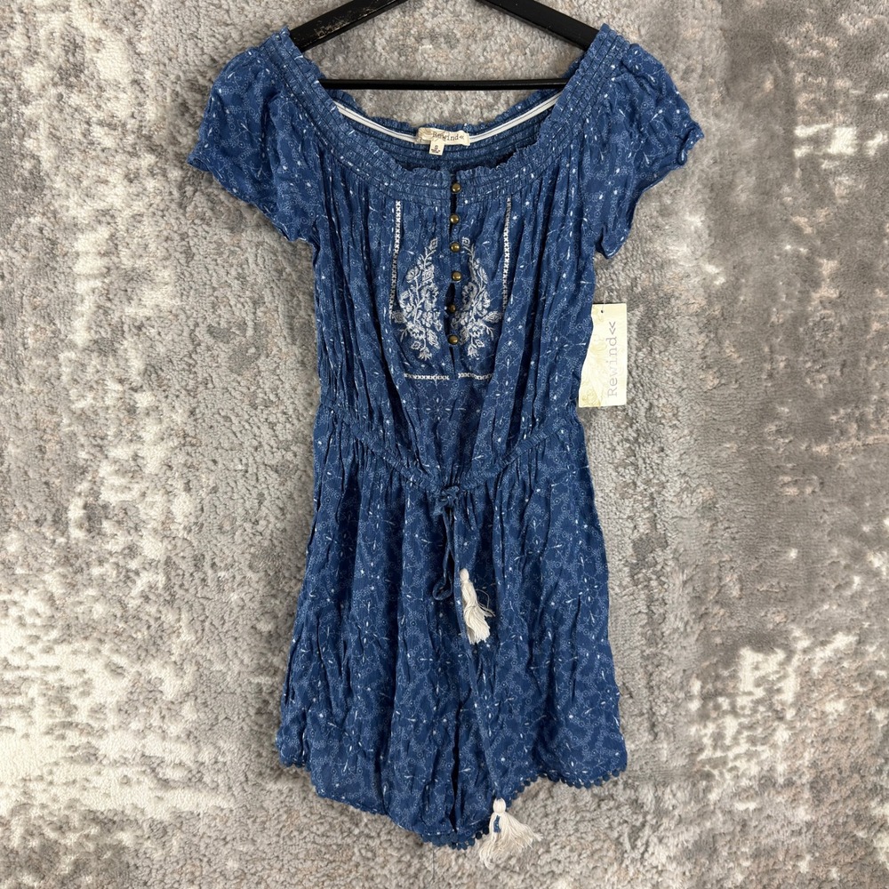 New Rewind Sz S Boho Embroidered Tassel Romper Blue Corn Moon Short Sleeve Women